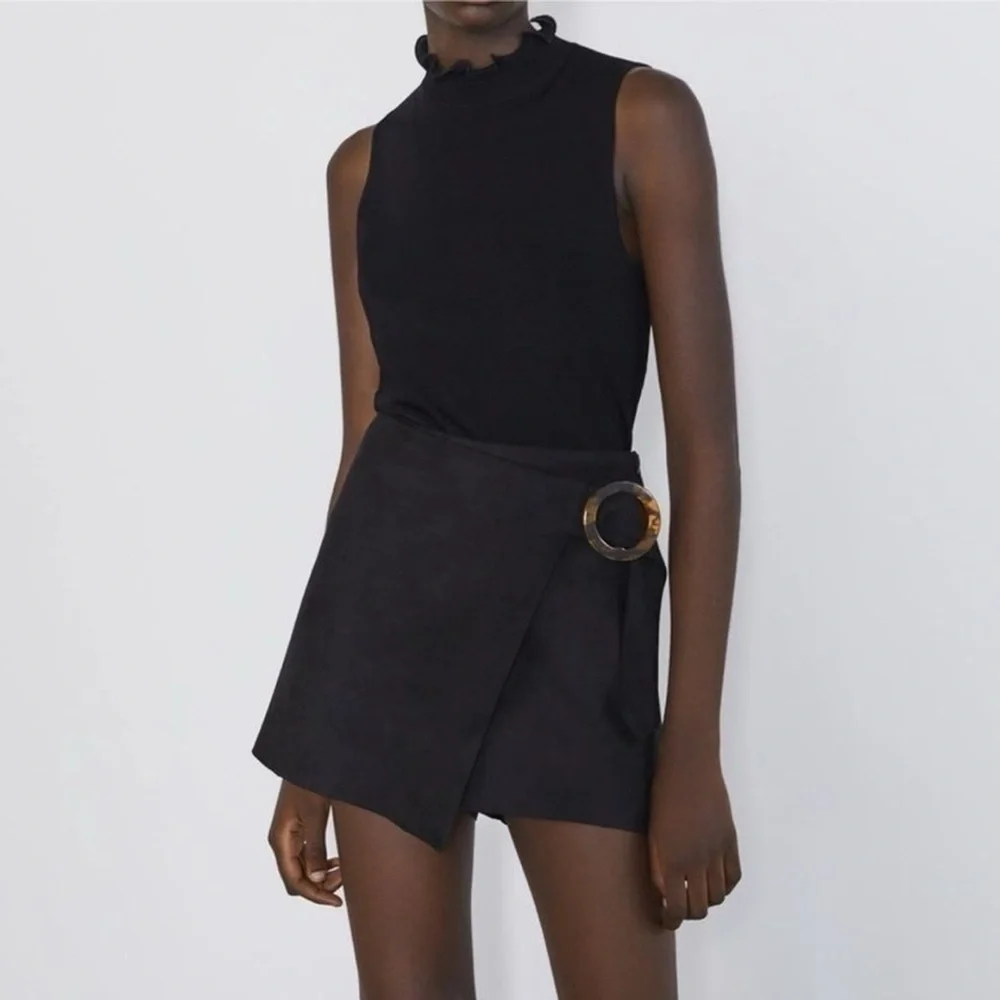 ZARA Black Faux Suede Wrap Skort Tortoise Ring Buckle Large